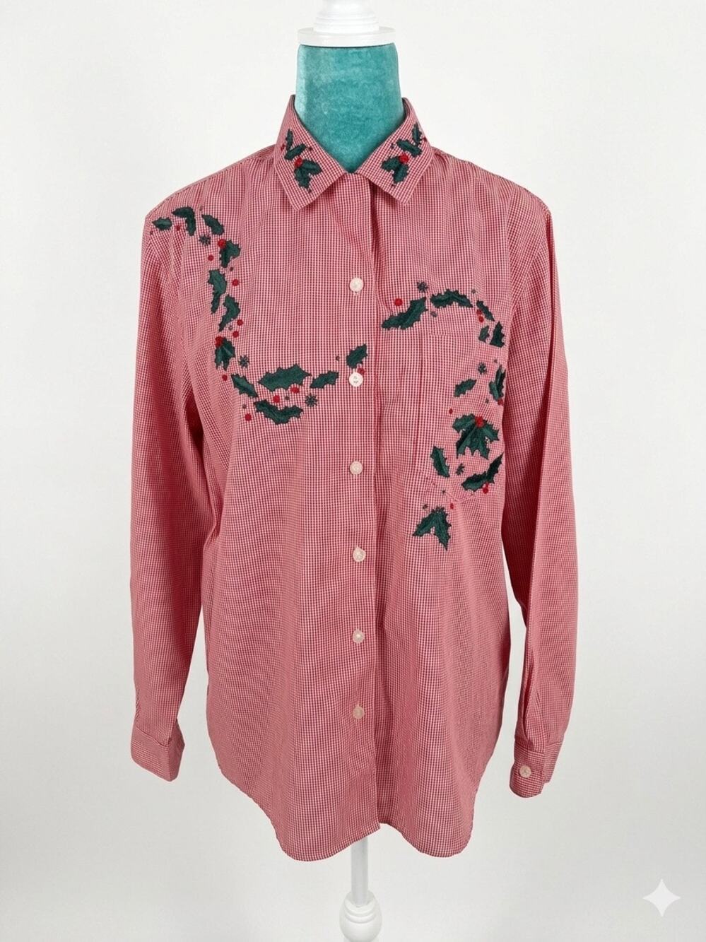 Vintage Red Gingham Christmas Holly Embroidered Shirt | Grannycore Holiday Boho